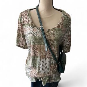 Woman Within Green Brown Boho Patterned Casual Top 100% Cotton